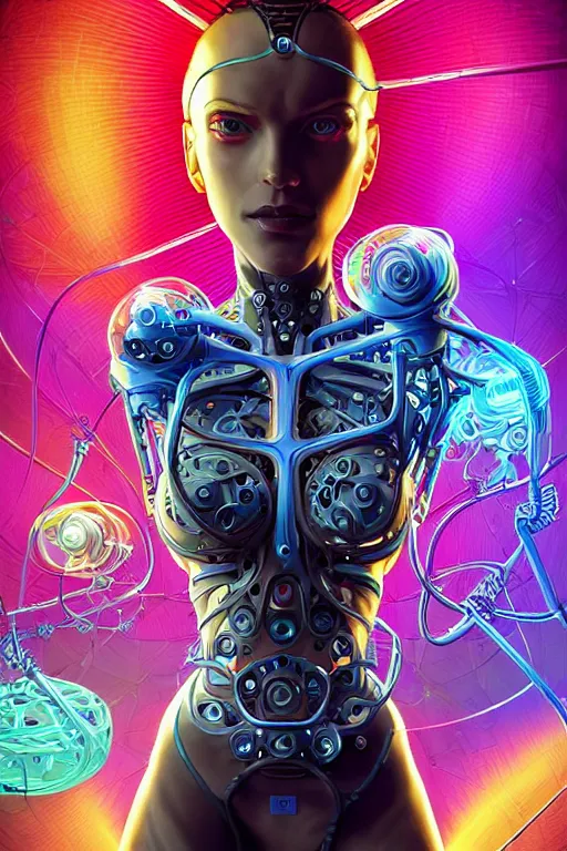 Prompt: Portrait of Æon Flux wearing epic bionic cyborg implants of different vibrant colors, detailed intricate ornate cables connected to head, portrait front face reference, by Dan Mumford and Naoto Hattori, extremely beautiful and proportionate, masterpiece, intricate, highly detailed, digital painting, Matrix Theme, artstation, concept art, crepuscular rays, smooth, sharp focus, illustration, background made from fractals of vibrant universe stars, cyberpunk colors, volumetric lighting, art by artgerm and james jean and Nick Sullo