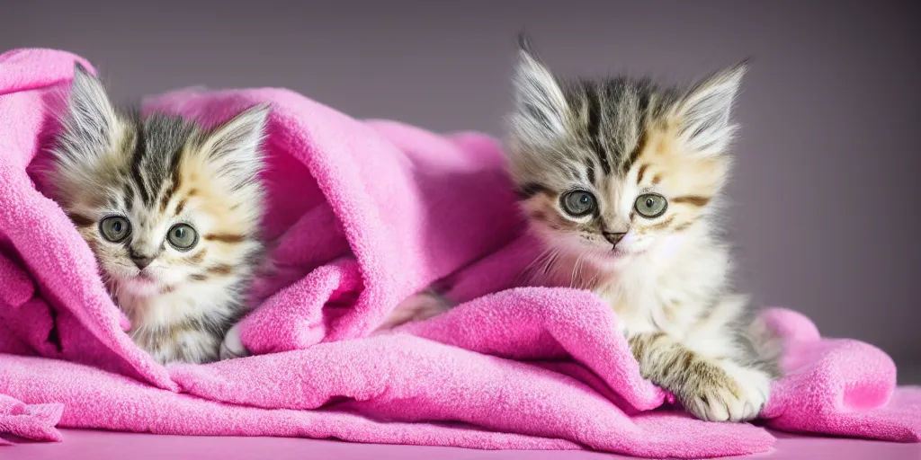 Image similar to oil painting of a fluffy tabby kitten wrapped in a pink towel, product photography of a shower curtain, product lighting. 4 k, highly detailed. saturated.