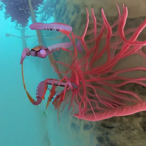 Prompt: pinkish crustacean with a pair of membranous bat - like wings. where a head would be, they have a pink brain coral and are covered in antennae. ( 1. 5 m ) numerous sets of paired appendages. unreal engine,