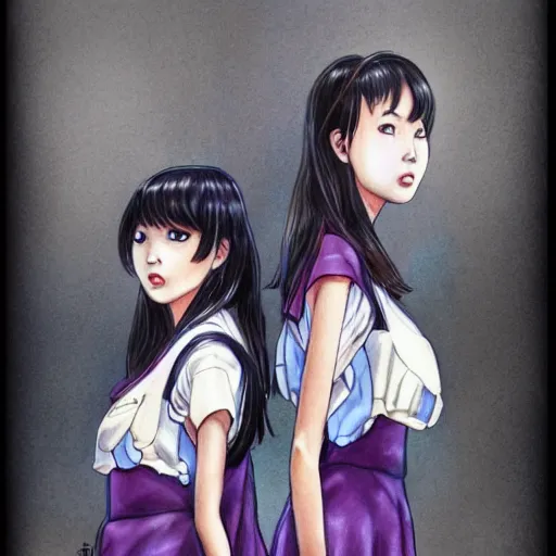 Image similar to a perfect, realistic professional digital sketch for a movie, two Japanese schoolgirls posing, in style of Marvel, full length, by pen and watercolor, by a professional American senior artist on ArtStation, a high-quality hollywood-style sketch, on high-quality paper