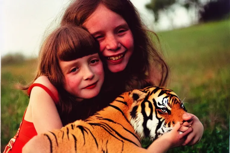 Prompt: close-up color film photography 1970s, girl hugs a tiger, soft light, 35mm, film photo, Joel Meyerowitz