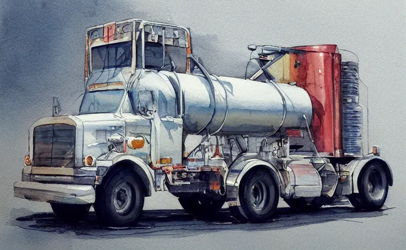 Image similar to concept art of a fuel truck, pinterest, artstation trending, behance, watercolor, by coby whitmore, silver, laser light,