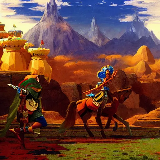 Prompt: hyrule palace scene painted in orientalist style, legend of zelda, painting by jean - leon gerome, otto pilny, adrien henri tanoux, giulio rosati, orientalism