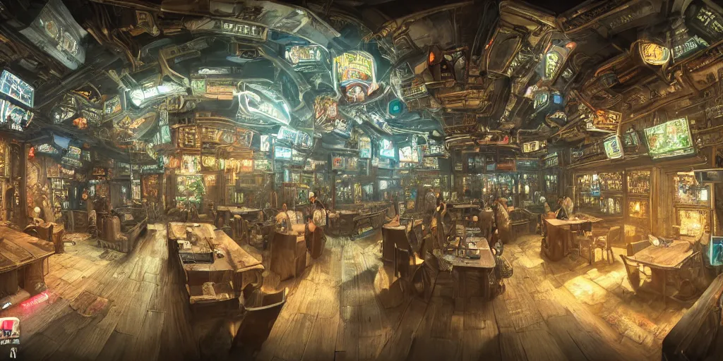 Image similar to Highly detailed realistic Digital concept interior design in style of Hiromasa Ogura and Josan Gonzalez of highly detailed cyberpunk tavern with stone walls and neon lights, a lot of electronics and people, many details. Natural white sunlight from the transperient roof. Panorama on 360 degrees Rendered in 32K in VRAY and DaVinci Resolve and MAXWELL and LUMION 3D, Volumetric natural light