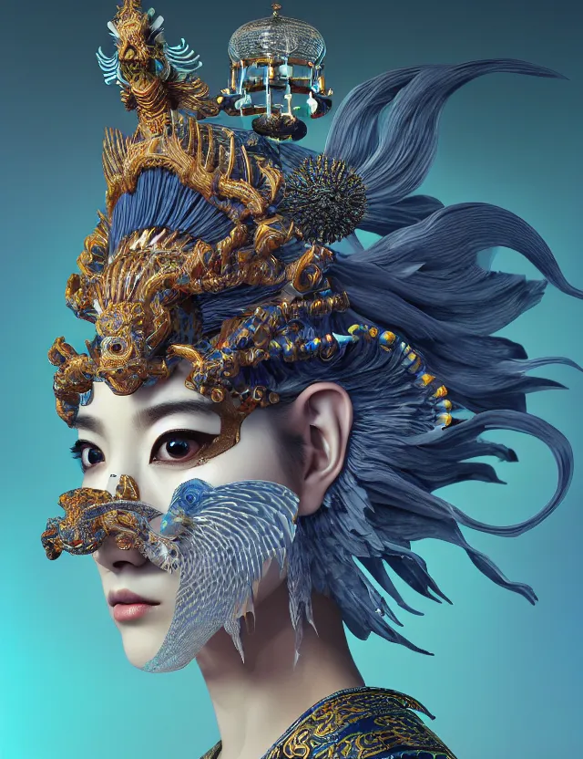 Image similar to 3 d goddess close - up profile portrait with crown, ram skull. beautiful intricately detailed japanese crow kitsune mask and clasical japanese kimono. betta fish, jellyfish phoenix, bio luminescent, plasma, ice, water, wind, creature, artwork by tooth wu and wlop and beeple and greg rutkowski