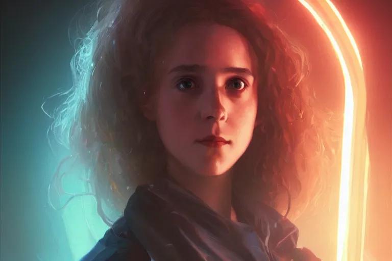 Image similar to portrait of Hermione Granger in cyberpunk, neon lighting, night city, digital art from artstation by Ruan Jia and Mandy Jurgens and Artgerm and william-adolphe bouguereau and Greg Rutkowski and Wayne Barlowe