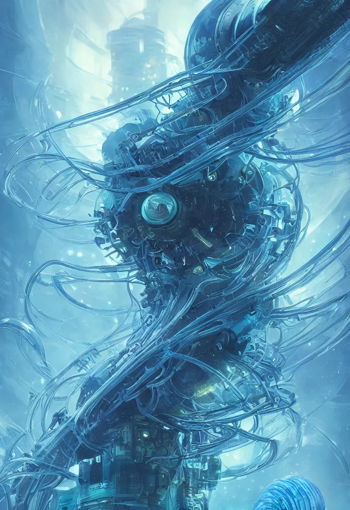 Image similar to Panorama hyper detailed painting of a cyberpunk jellyfish, blue tones, underwater, 8 mm, highly detailed, digital painting, artstation, concept art, smooth, sharp focus, illustration, art by artgerm and greg rutkowski and alphonse mucha