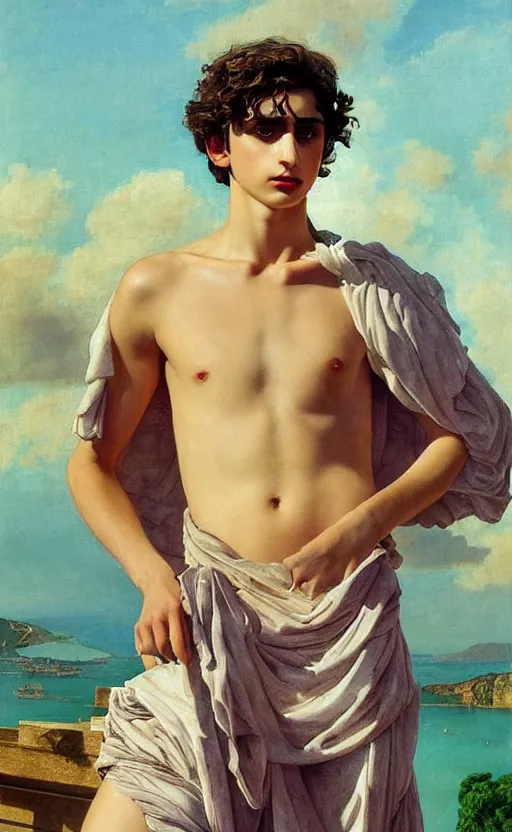 Image similar to Timothee Chalamet as Antinous in ancient Greece, intense painting, sunny, tropical, +++ super supper supper dynamic pose,  digital art, +++ SFW(SAFE FOR WORK) +++ quality j.c. leyendecker, limited edition, shiny, ++++, thick eyebrows, masculine appeal high fashion, GREEN EYES, GREEK CLOTHES, closeup, important, smirking, palm trees, tropical flowers, colorful, surrealism art, modern