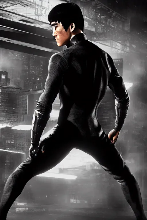 Image similar to A still of Bruce Lee as Bruce Wayne in The Batman 2022, red high-end suit, close-up, sigma male, rule of thirds, award winning photo, unreal engine, studio lighting, highly detailed features, Gotham setting