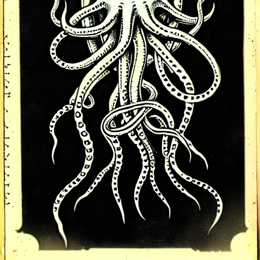 Prompt: daugerreotype of cthulhu high priestess. tangle of tentacles