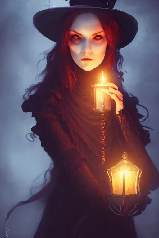 Image similar to portrait of a ghoulish victorian witch dark cheekbones holding a lantern, halloween night, charlie bowater, artgerm, ilya kuvshinov, krenz cushart, ruan jia, realism, ultra detailed, 8 k resolution