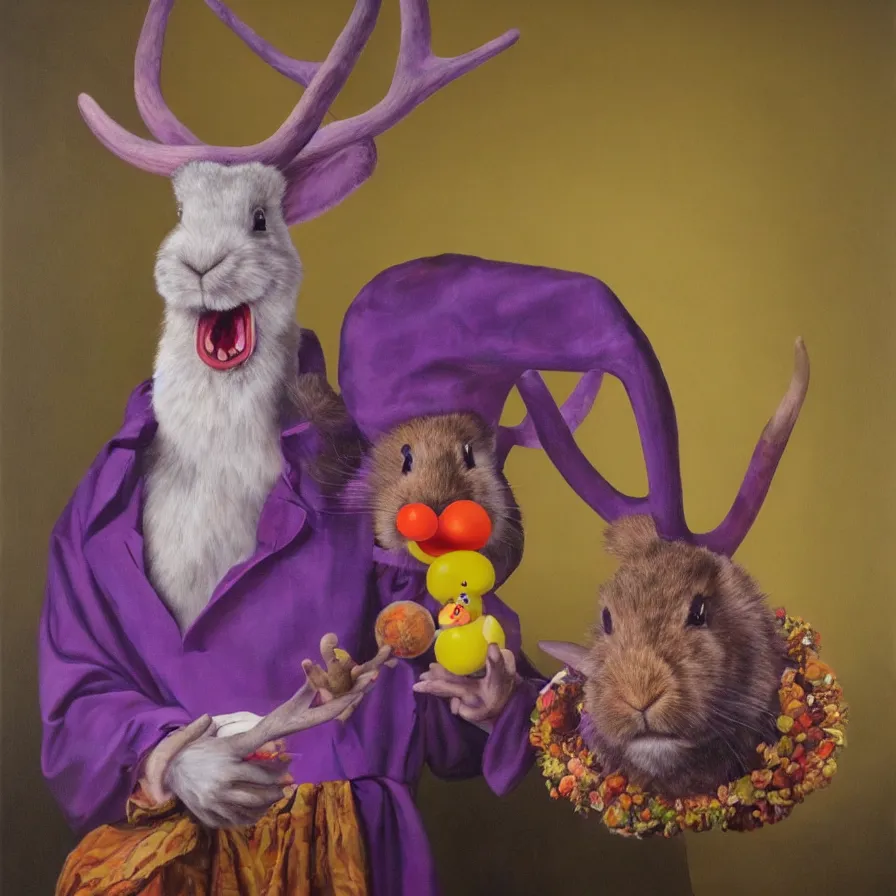 Image similar to rare hyper realistic portrait painting by british masters, studio lighting, brightly lit purple room, a blue rubber ducky with antlers laughing at a giant laughing rabbit with a clown mask