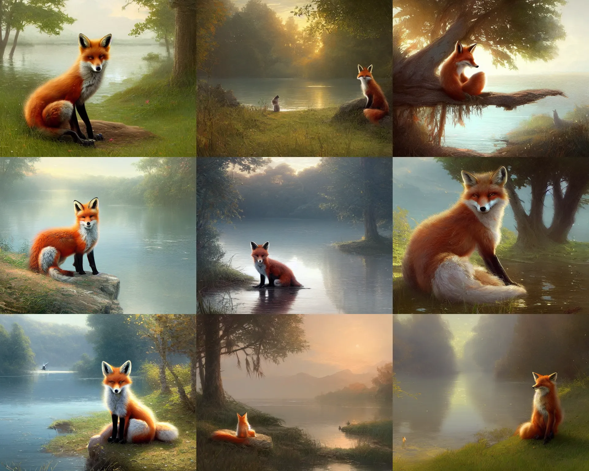 Prompt: a young fox sits by the beautiful lake, illustration by greg rutkowski, thomas kindkade, artstation, furaffinity