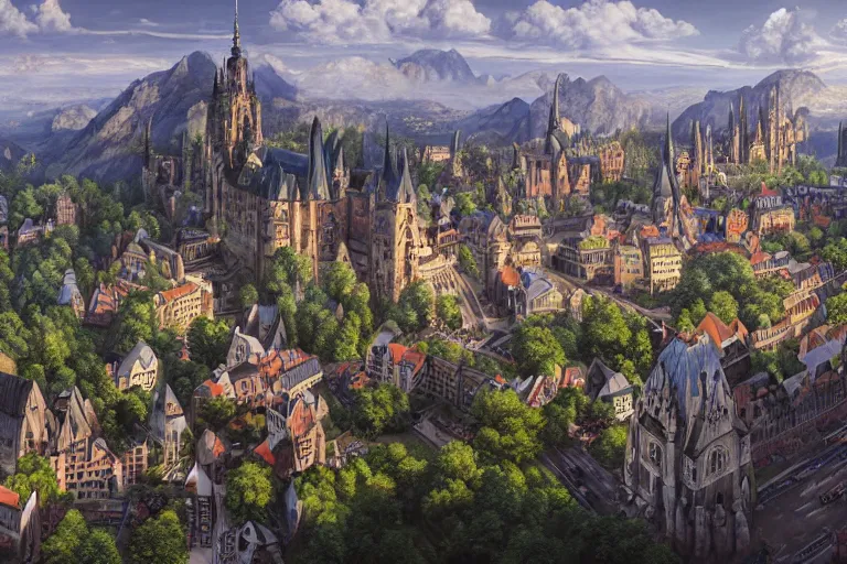 Image similar to an ultra detailed matte landscape painting of an german renaissance capital city built into the side of a mountain with many tall spirally towers, sweeping vista, german renaissance architecture, ultrawide lens, aerial photography, 8 k, volumetric lighting, smooth, highly detailed, digital illustration, art by greg rutkowski and akira toriyama and artgerm