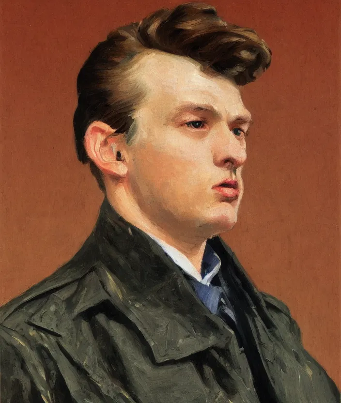 Image similar to a very detailed portrait of a man, wearing an 8 0 s jacket with big shoulder pads, very aesthetic leather jacket, detailed closeup of leather jacket, front view, in the style of edward hopper and oswald hornby joseph birley and susan ryder, very small brushstrokes, 4 k,