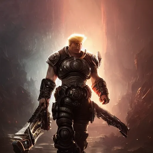 Image similar to Portrait of Trump, League of Legends amazing splashscreen artwork, Gears of War, splash art,natural light, elegant, intricate, fantasy, detailed face, atmospheric lighting, by Greg rutkowski, league of legends splash art, hd wallpaper, ultra high details