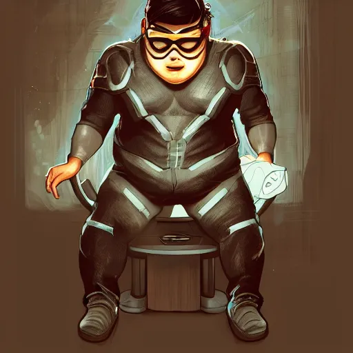 Image similar to an insanely detailed painting of a chubby nerdy asian man wearing a homemade superhero costume and mask, sitting at a computer desk typing on the keyboard, in the style of peter mohrbacher, dramatic lighting and composition, trending on artstation, concept art, comic book, graphic novel, back view