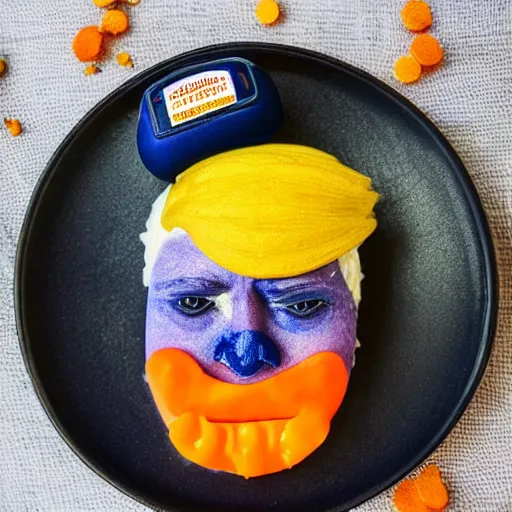 Image similar to edible donald trump made step by step : 1. lemon skin for hair 2. cake and orange pieces for the face 3. blueberries and whipped cream for the suit, from the beautiful'food art collection ', dslr