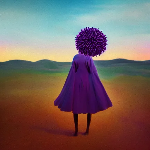 Image similar to portrait, giant purple dahlia flower head, woman between dunes, surreal photography, sunrise, blue sky, dramatic light, impressionist painting, digital painting, artstation, simon stalenhag