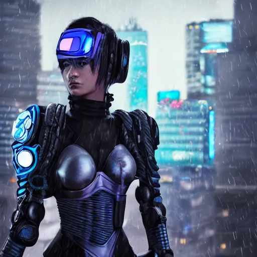 Image similar to An epic fantastic ultrarealism comic book style portrait painting of a female cyberpunk armor fighter, black and blue silver color armor, cyberpunk feel raining at tokyo rooftop, Concept world Art, unreal 5, DAZ, 8k, hyperrealistic, octane render, cosplay, RPG portrait, dramatic lighting, rim lights