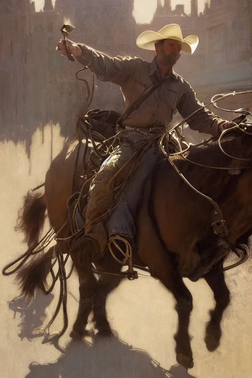 Image similar to hyperrealist portrait of a cowboy roping a steer coach by jeremy mann and alphonse mucha, fantasy art, photo realistic, dynamic lighting, artstation, poster, volumetric lighting, very detailed faces, 4 k, award winning