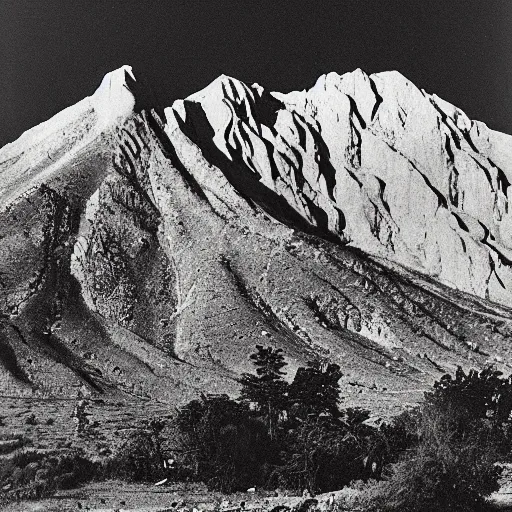 Prompt: “photograph of a mountain valley full of dinosaurs, by Ansel Adams, high contrast, old photo, vignette”