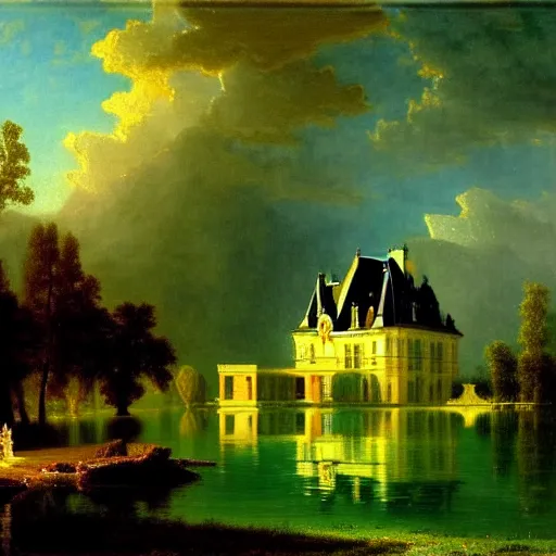 Image similar to beautiful illustration of chateau in a serene landscape, by albert bierstadt, magic realism, narrative realism, beautiful matte painting, heavenly lighting, retrowave, 4 k hd wallpaper