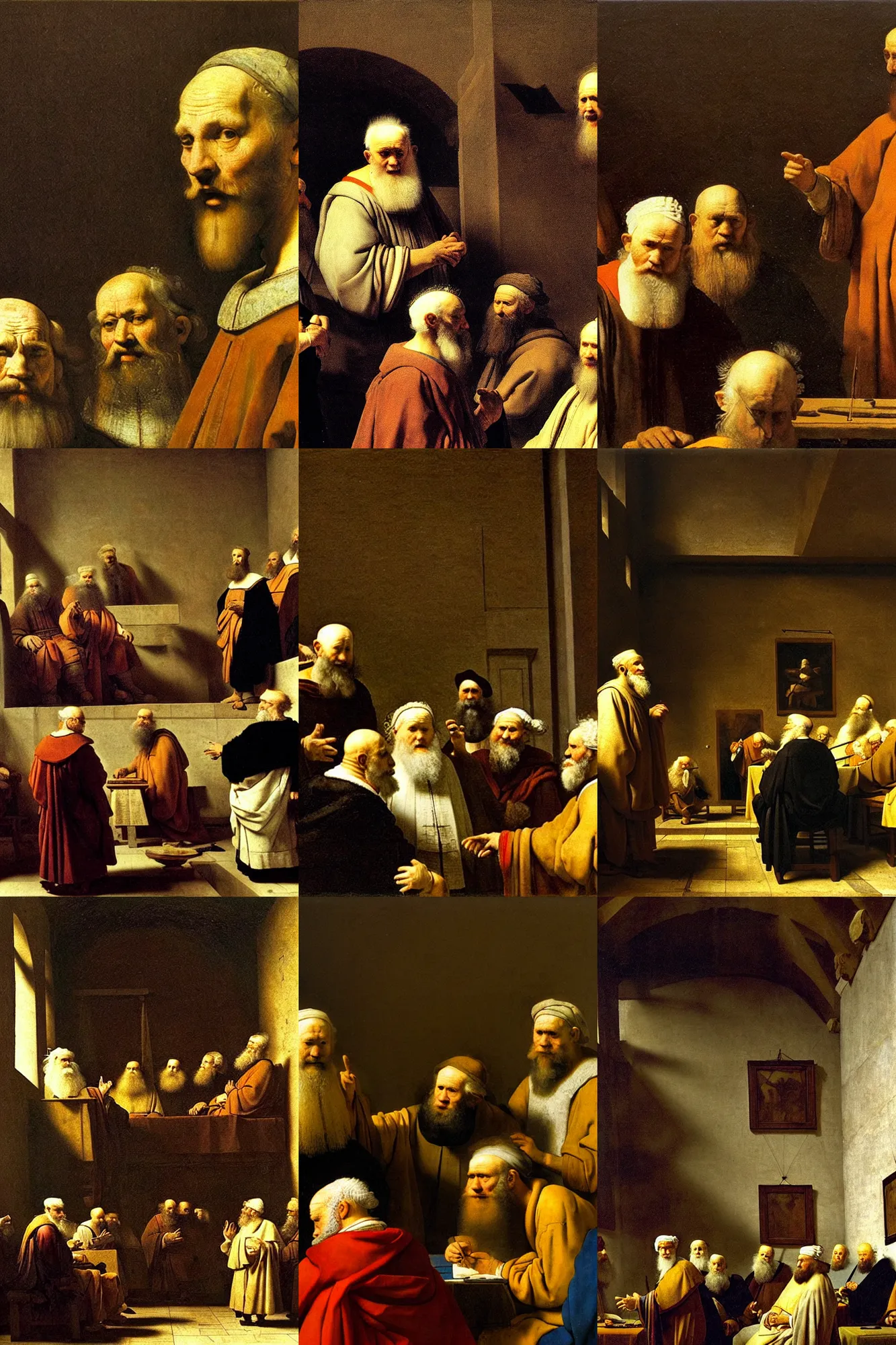 Prompt: conference of the ancient philosophers, uno headquarters, news segment, a lot of old white men with big beards speaking about the soul, the infinite, and the nature of existence, painting by rembrandt and vermeer