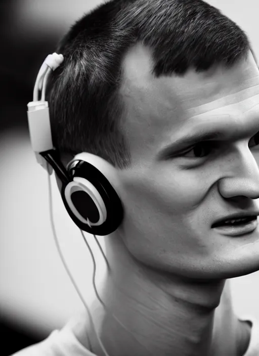 Prompt: vitalik buterin in headphones. vitalik buterin, medium shot, perfect symmetric face, coherent eyes, cute happy face, fine details., very sharp, 4 k, pixar, hans zatska