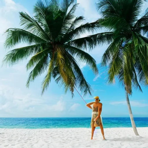 Image similar to violinist on the beach white sand blue sky tropical palm trees wallpaper 8 k instagram photography travel viral by annie leibovitz