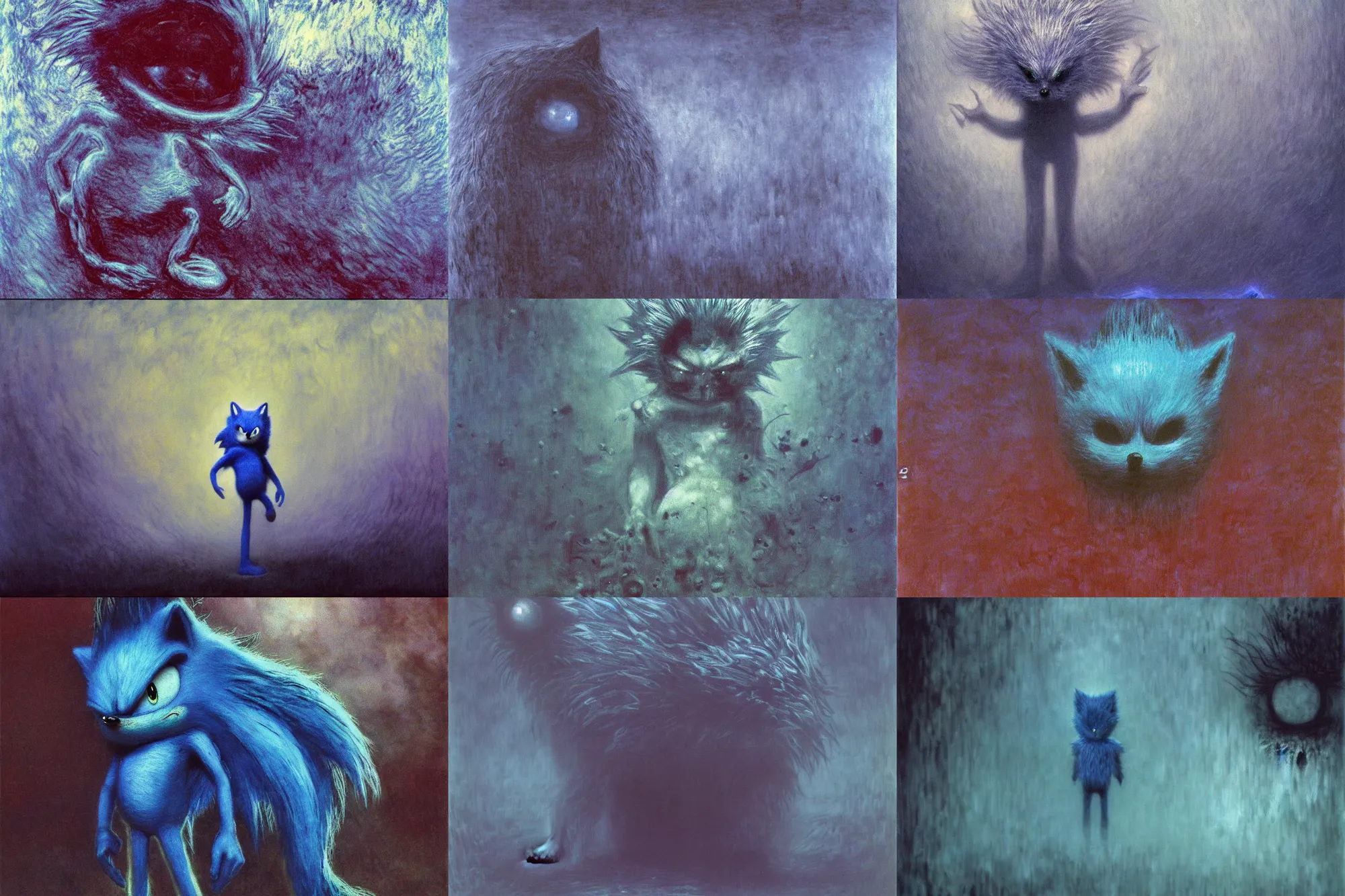 Prompt: gloomy eerie photo of sonic the hedgehog. blue cartoon hedgehog. zdislaw beksinski, yoshitaka amano, creepy, horror, beautiful painting by claude monet 8 k