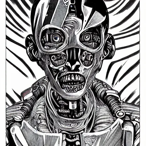 Image similar to horrific cyberpunk robot human cyborg, flesh and bones exposed, junji ito style manga drawing, highly detailed