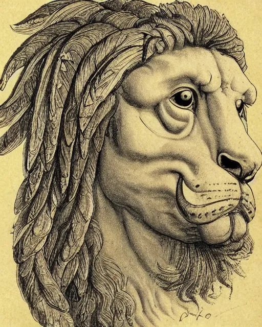 Image similar to a creature with the body and eyes of a man, with the beak of an eagle, the mane of a lion, and the horns of an ox. drawn by da vinci