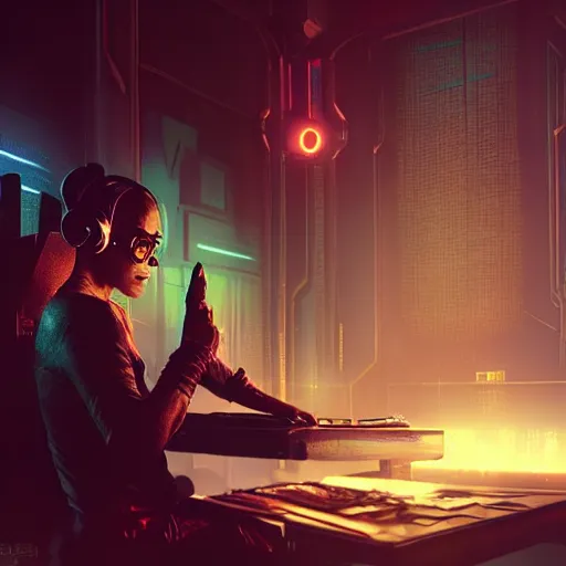 Image similar to sci fi cyberpunk fantasy art prompt magician studying casting spells with keyboard, by greg rutkowski ultrahd dark volumetric lighting hyper detailed unreal engine octane render