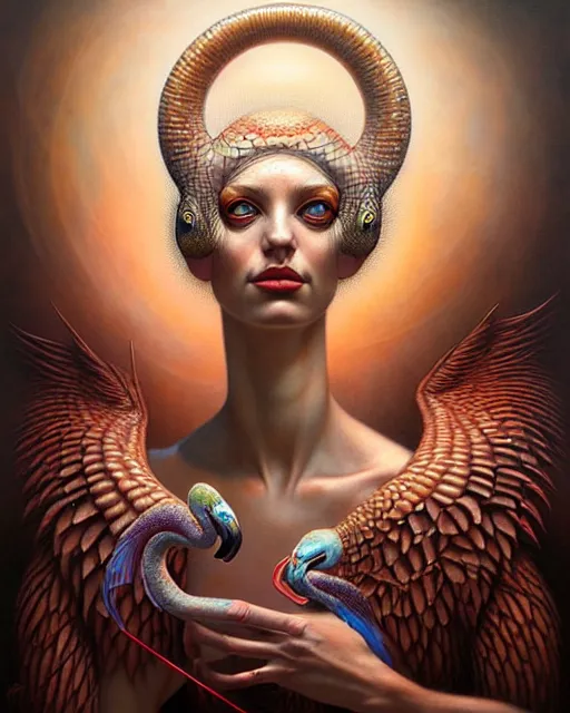 Image similar to a detailed portrait of dreampunk flamingo python hybrid mix beautiful! goddess by tomasz alen kopera and peter mohrbacher