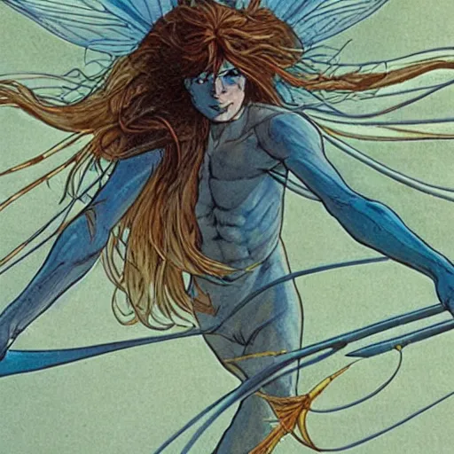 Prompt: long dark hair man with light blue eyes and scars, flying with his blue spren fairy called syl by Moebius,