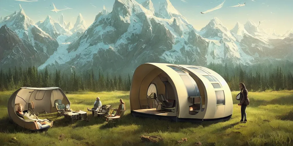 Image similar to cabela's beautiful comfortable futuristic pop up insulated all terrain family pod, cabin, modular, person in foreground, mountainous forested wilderness open fields, beautiful views, painterly concept art, joanna gaines, environmental concept art, farmhouse, magnolia, concept art illustration by ross tran, by james gurney, by craig mullins, by greg rutkowski trending on artstation