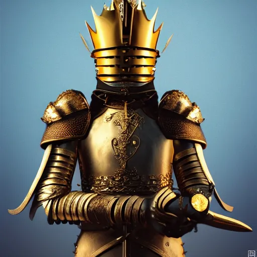 Image similar to a highly detailed knight in a T golden helmet and a golden crown with a blue diamond in the center, golden armor, leather clothes under the armor, leather gloves, holds a black sword, artstation, DeviantArt, professional, octane render, sunset lighting