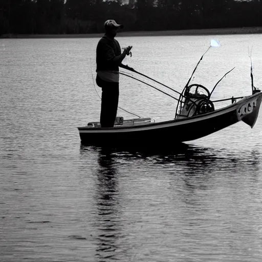 Prompt: fisherman cat fishing from boat, 35 mm photo