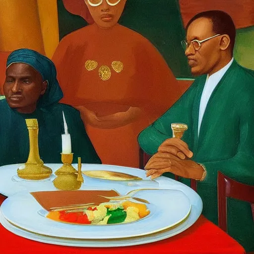 Prompt: president muhammadu buhari sitted at a lavish banquet with shiny trays and dishes with food minimalist solid background the great feast regal ornamental, iridescent in the style of edward hooper and henri matisse oil painting