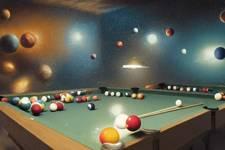 Prompt: a billiards table where the felt is made of galaxies, the balls are planets, matte painting, long shot, concept art, wide shot, digital art, trending on artstation, 4 k, extremely detailed, realistic, midday, warm colors, golden sunlight, by greg rutkowski, cinematic, epic