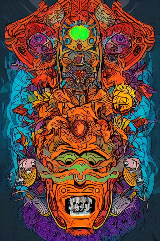 Image similar to animal mask totem roots flower tribal feather gemstone plant wood rock shaman vodoo video game vector cutout illustration vivid multicolor borderlands comics by josan gonzales and dan mumford radiating a glowing aura