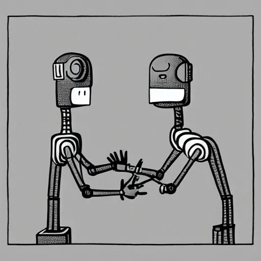 Image similar to two robots shaking hands with each other, an illustration of by tom gauld, behance contest winner, les automatistes, future tech, sci - fi, quantum wavetracing