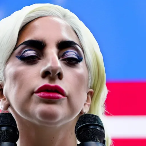 Image similar to Lady Gaga as president, Argentina presidential rally, Argentine flags behind, bokeh, giving a speech, detailed face, Argentina