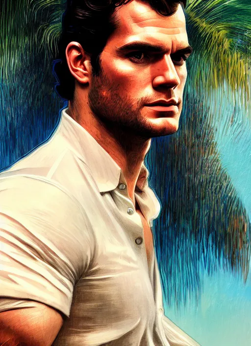 Image similar to portrait of henry cavill as james bond, key art, palm trees, vintage aston martin, highly detailed, digital painting, artstation, concept art, cinematic lighting, sharp focus, illustration, by gaston bussiere alphonse mucha