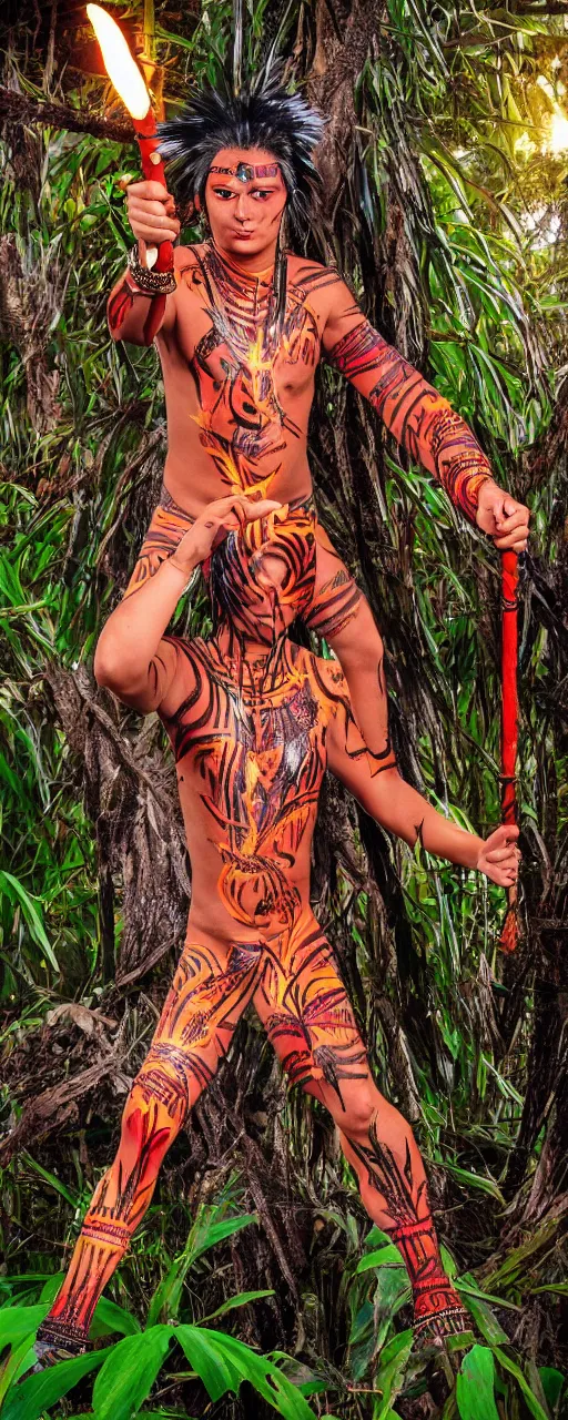 Image similar to teenager, flaming hair, indigenous body paint, Amazon indigenous ornaments, Amazon tribes clothing, Amazon rainforest background, crescent moon, night, angry, red eyebrows, action pose, holding spear, anime artstyle