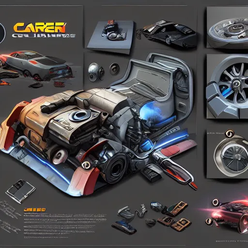 Image similar to car engine, car parts concept, card, comic page, overwatch, ui card, Octane render