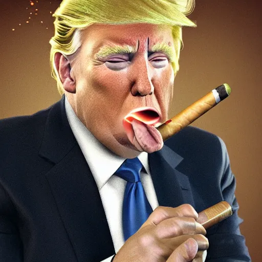 Image similar to a high quality photo of donald trump smoking a cigar, ultra realistic, artstation, cgsociety