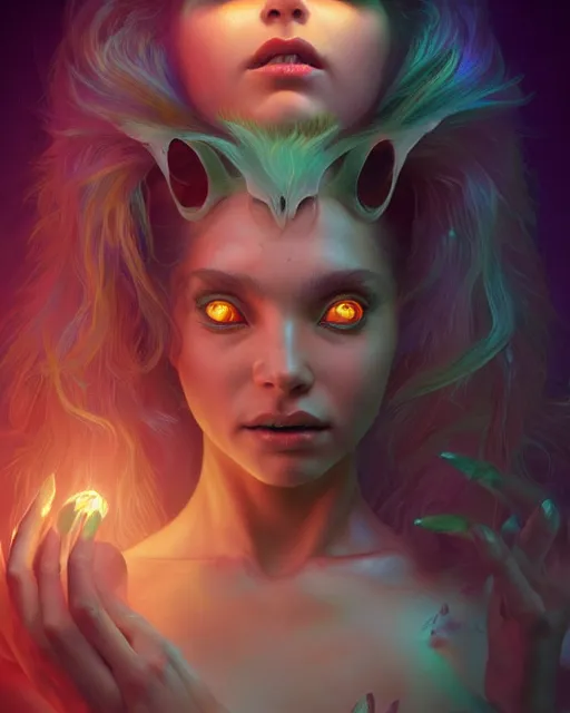 Image similar to portrait of a cute female creature, bioluminescent, claws, horror, happy, highly detailed, digital painting, cinematic, hyperrealism, dark retrowave, art by stanley lau and artgerm and magali villeneuve and alphonse mucha, artstation, octane render, cgsociety