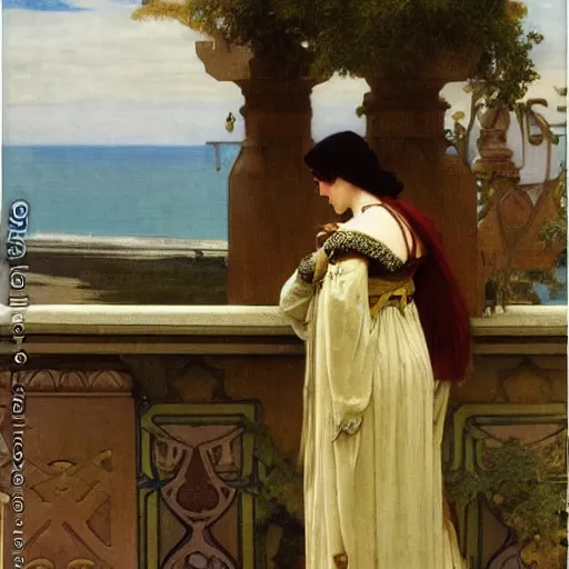 Prompt: A girl with jester clothes and a sword on the front of a Balustrade with a beach on the background, major arcana clothes, by paul delaroche, alphonse mucha and arnold böcklin arnold böcklin hyperrealistic 8k, very detailed